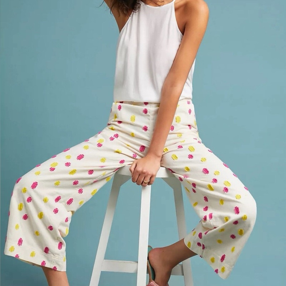 Anthropologie Cream Wide Leg Pants with Pink and Yellow Dots